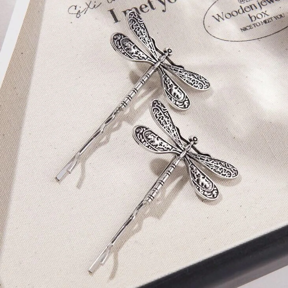 Dragonfly hair clips 2pcs set silver nature